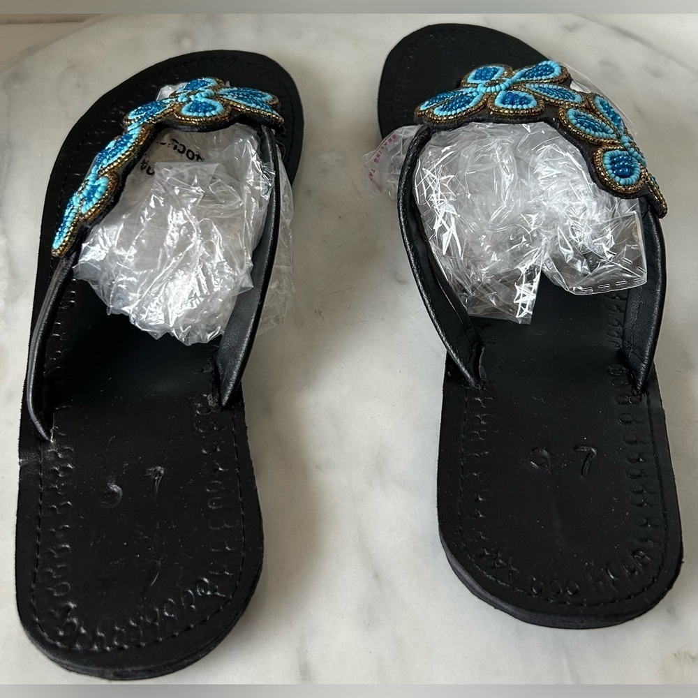 BRAND NEW 100% HANDMADE LEATHER BEADED SANDALS. US 6.5 ABSOLUTELY GORGEOUS! - Picture 4 of 8